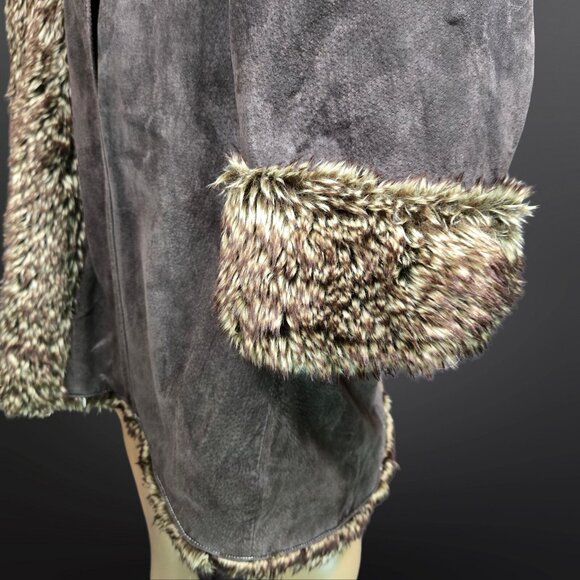 Y2K Penny Lane Coat Size XL Boho Brown Suede Leather Faux Fur Trim Long - Picture 5 of 15